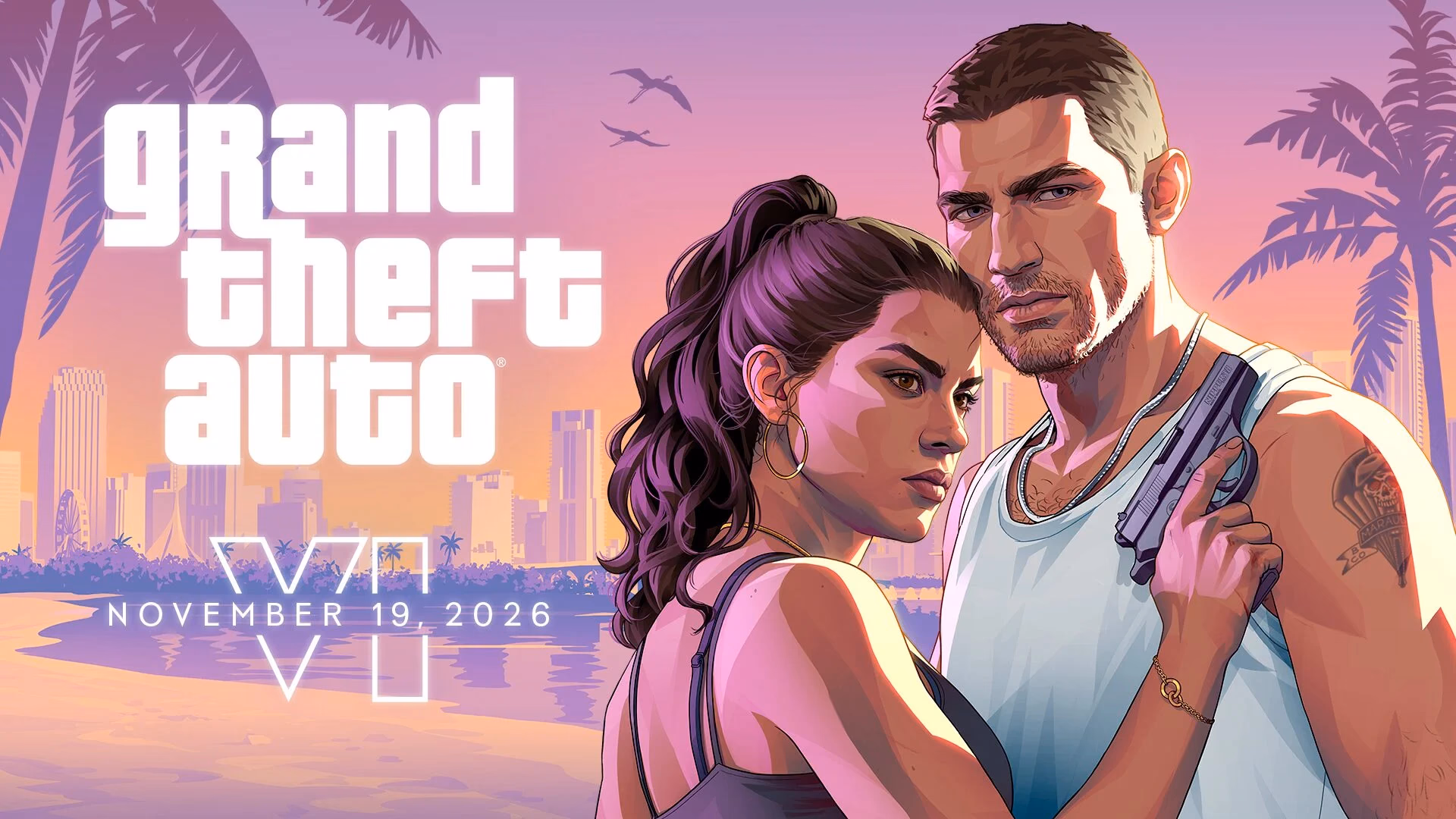 Paysage nocturne de Vice City avec des néons colorés reflétant sur le sol mouillé, illustrant l'esthétique de GTA 6.